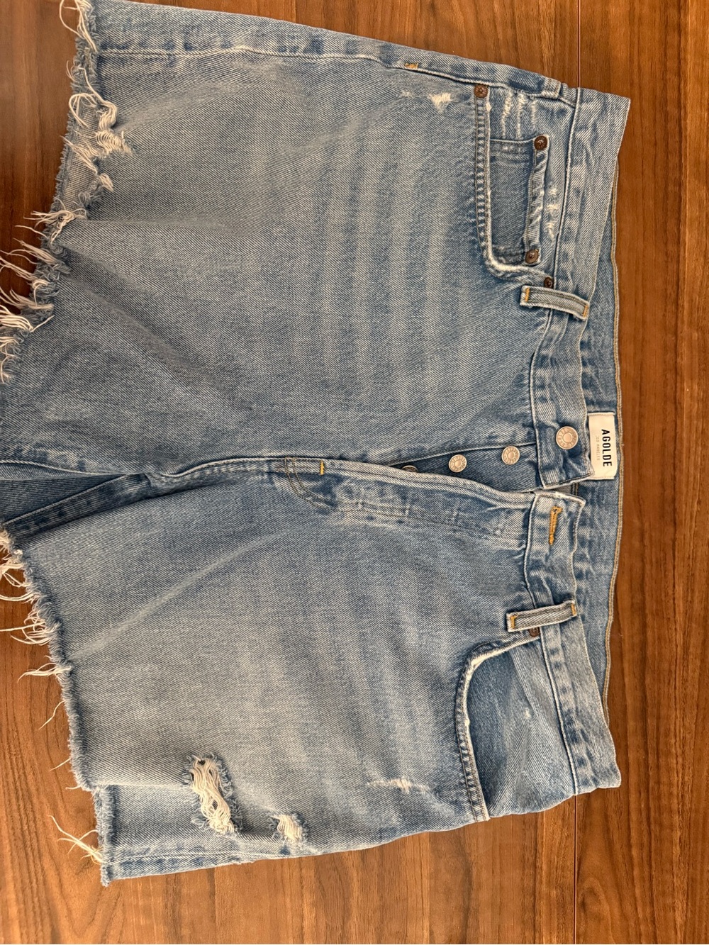 Agolde Light Blue Distressed Denim Shorts
